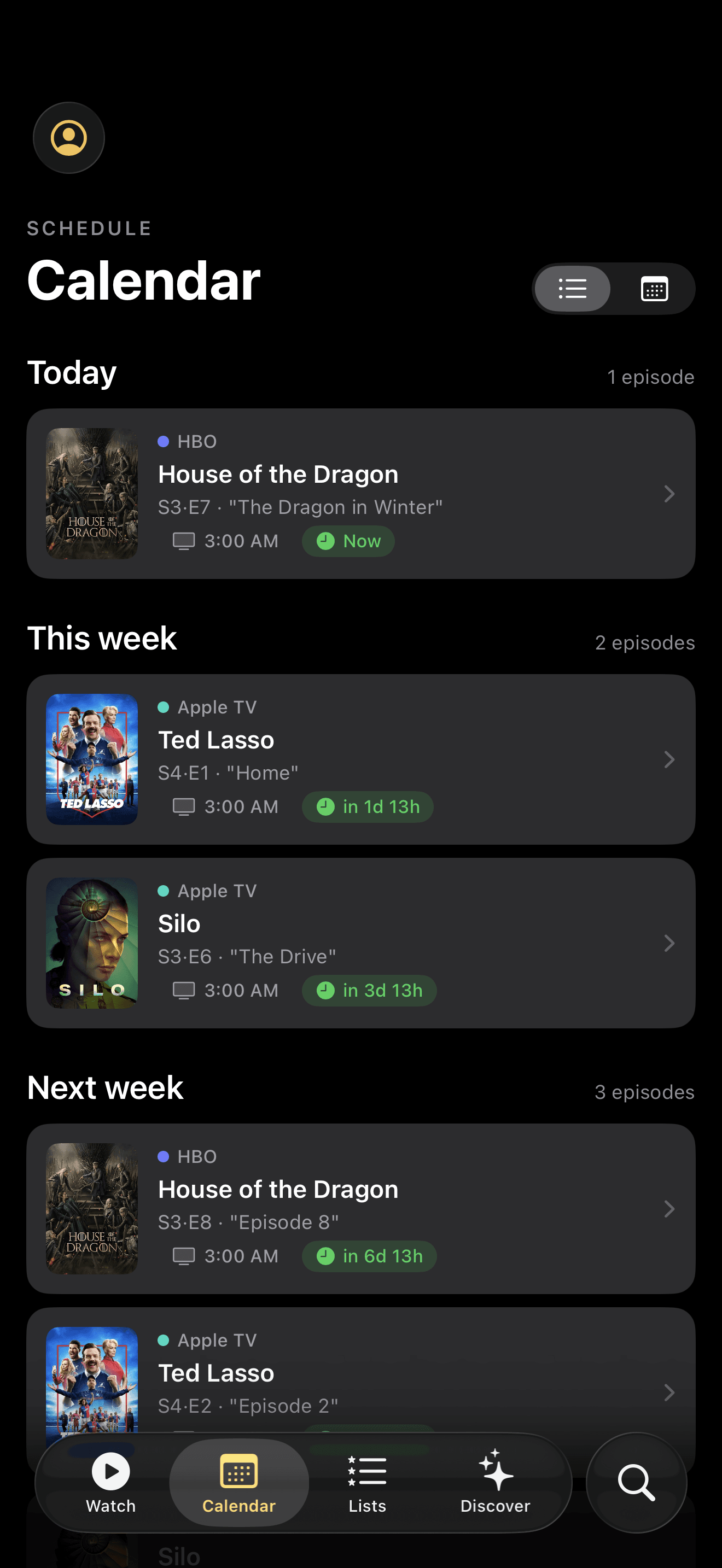 ReelTV's Calendar grouped into Today, This week and Next week